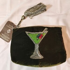 Handmade Green Velvet Clutch with Beaded Cocktail Design